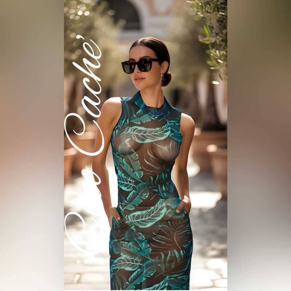 Tropical Print Mesh Sleeveless Swimsuit Coverup Dress